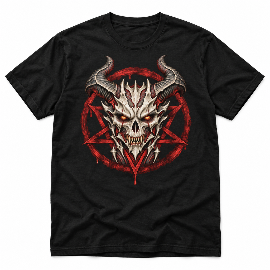 Infernal Seal black T-shirt with an ivory demon skull, sweeping horns and a distressed crimson pentagram, front view.