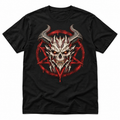 Infernal Seal black T-shirt with an ivory demon skull, sweeping horns and a distressed crimson pentagram, front view.