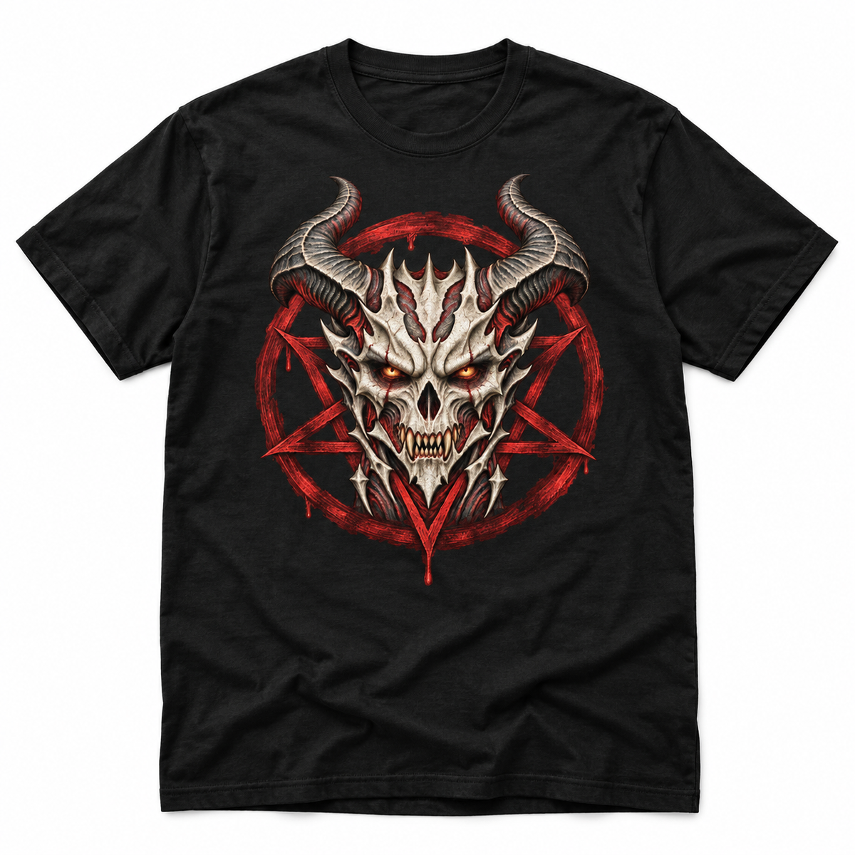Infernal Seal black T-shirt with an ivory demon skull, sweeping horns and a distressed crimson pentagram, front view.