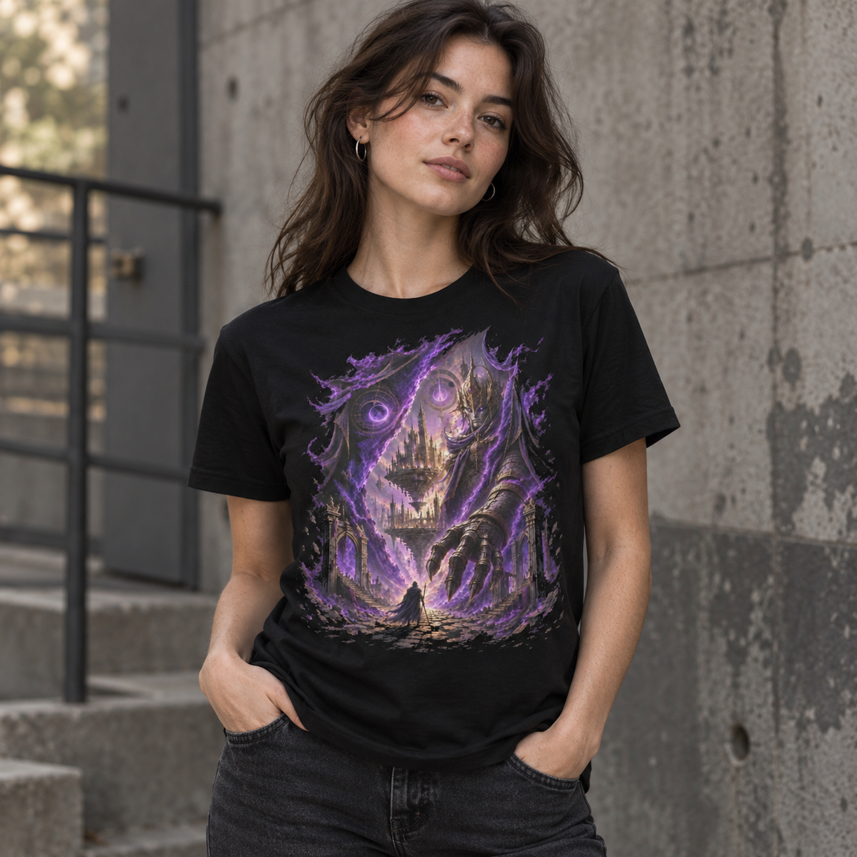 Veil of Thalveryn black fantasy graphic T-shirt by Astral Drift – alternate model view