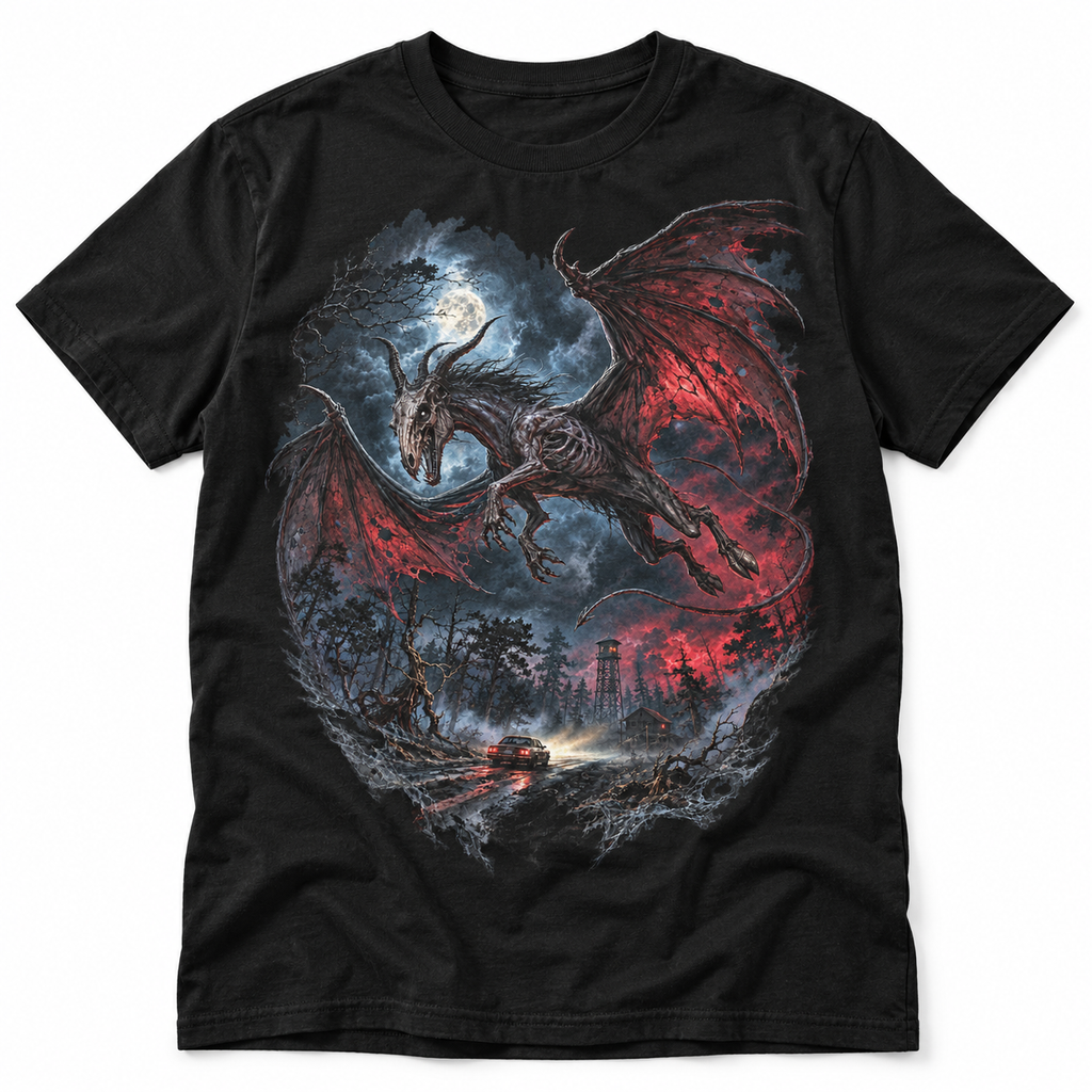 Jersey Devil black T-shirt with a horned winged creature beneath a moon