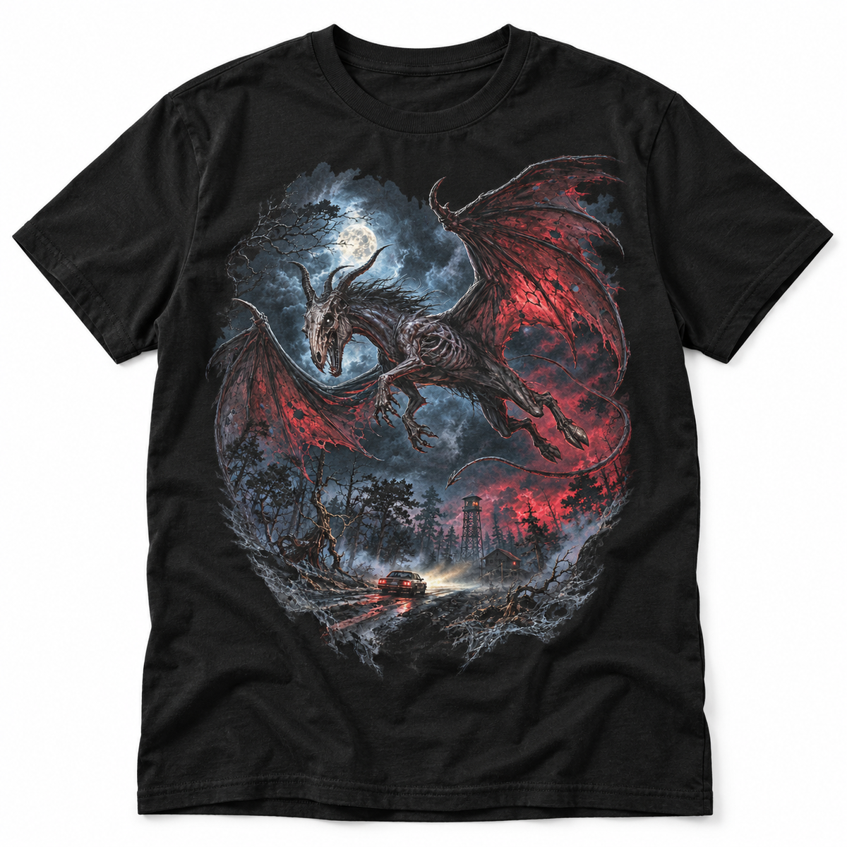 Jersey Devil black T-shirt with a horned winged creature beneath a moon