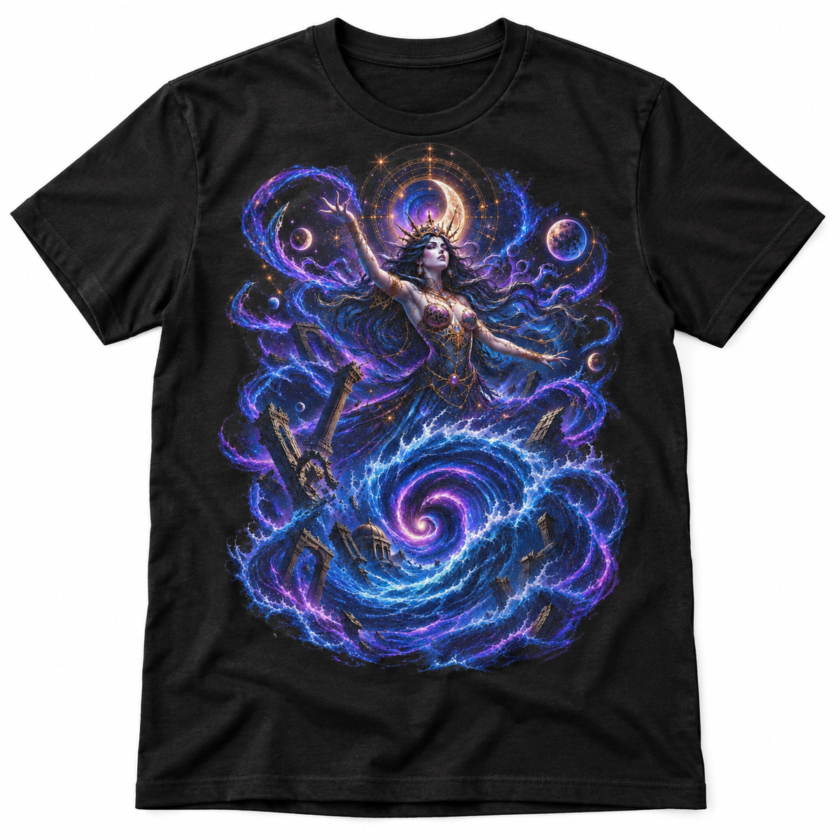 Celestial Tide graphic T-shirt flat mockup on a black tee