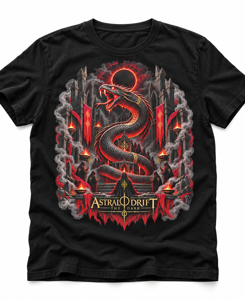 Serpent Ritual graphic T-shirt flat mockup on a black tee