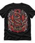Serpent Ritual graphic T-shirt flat mockup on a black tee
