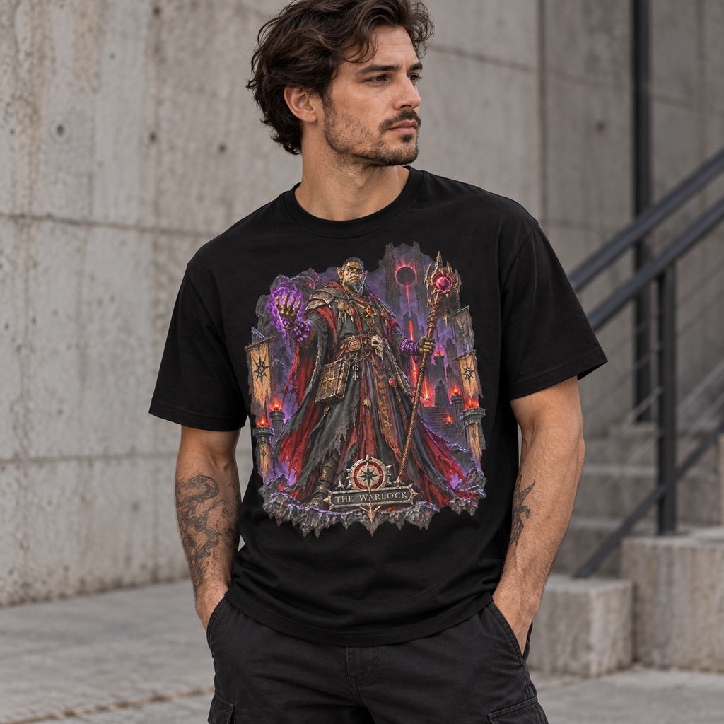 Model wearing The Warlock black dark fantasy graphic T-shirt by Astral Drift