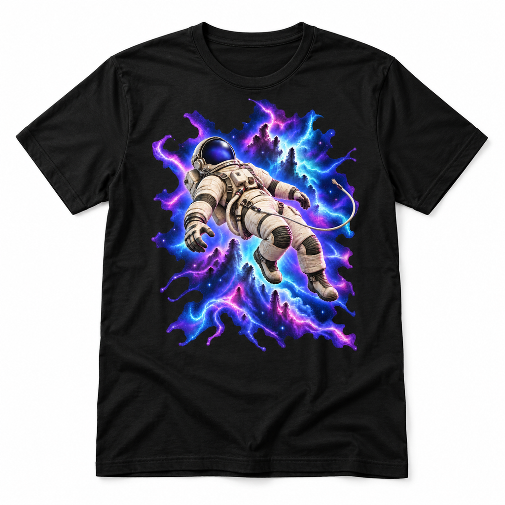 Severed Orbit black T-shirt with an ivory astronaut, severed tether and violet-blue nebula artwork, laid flat on white.