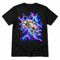 Severed Orbit black T-shirt with an ivory astronaut, severed tether and violet-blue nebula artwork, laid flat on white.