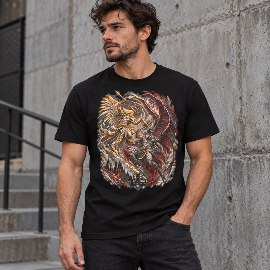 Model wearing War of the Eternal black dark fantasy graphic T-shirt by Astral Drift