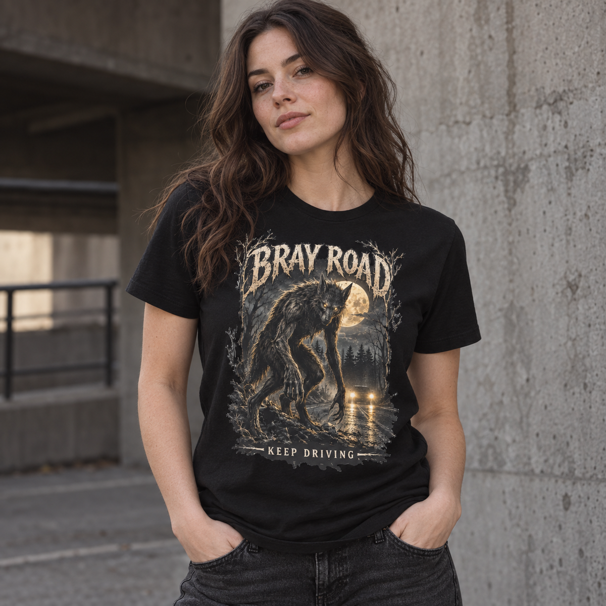 Beast of Bray Road Keep Driving black cryptid graphic T-shirt lifestyle model view – Astral Drift