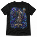 Cosmic Heretic black dark fantasy graphic T-shirt with skeletal cosmic mystic – Astral Drift
