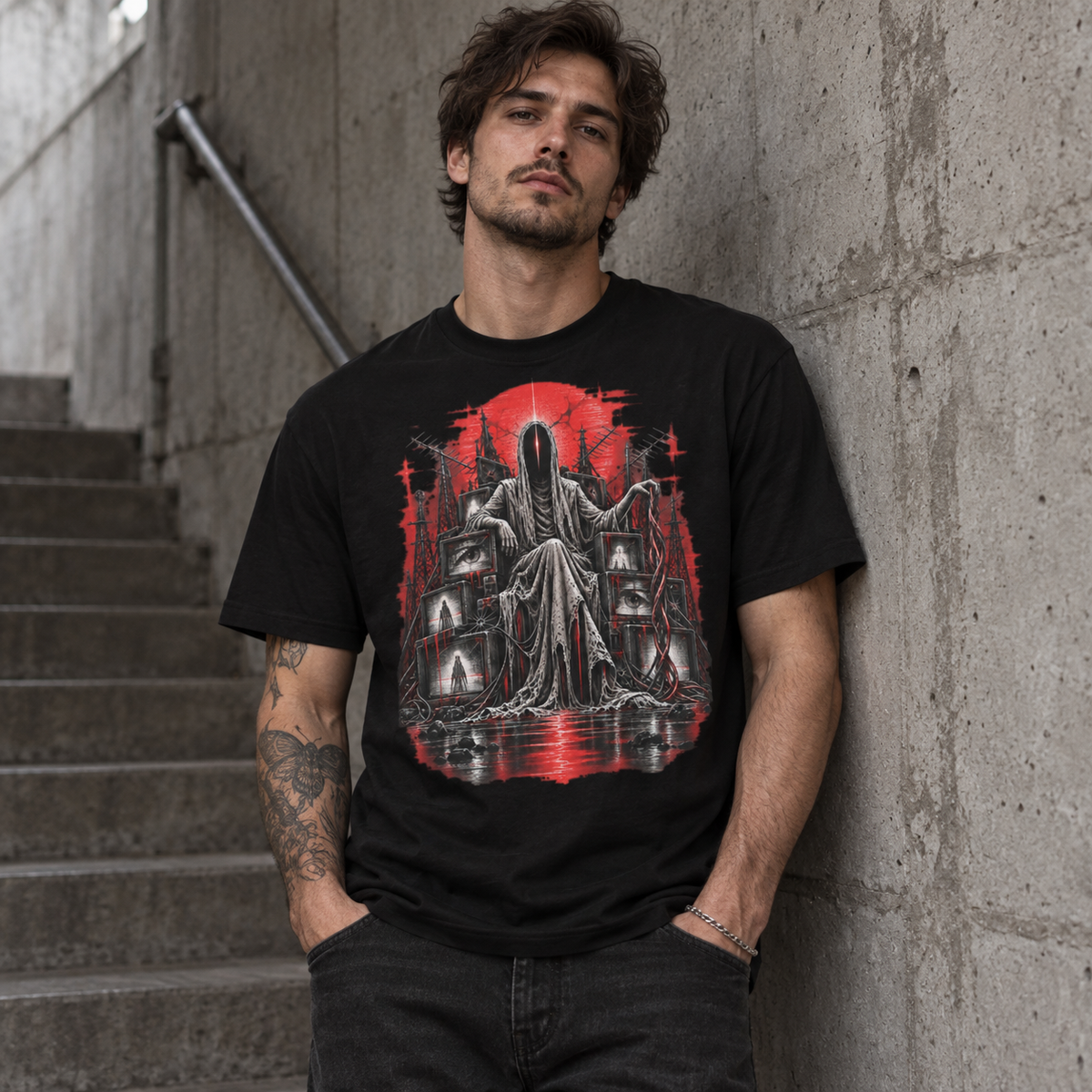 Signal Wraith Red Static graphic tee with faceless broadcast wraith and CRT screens