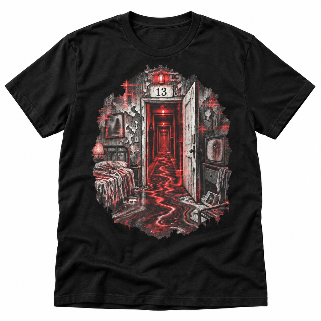 Room 13 black graphic T-shirt with distressed red analogue horror artwork – Astral Drift
