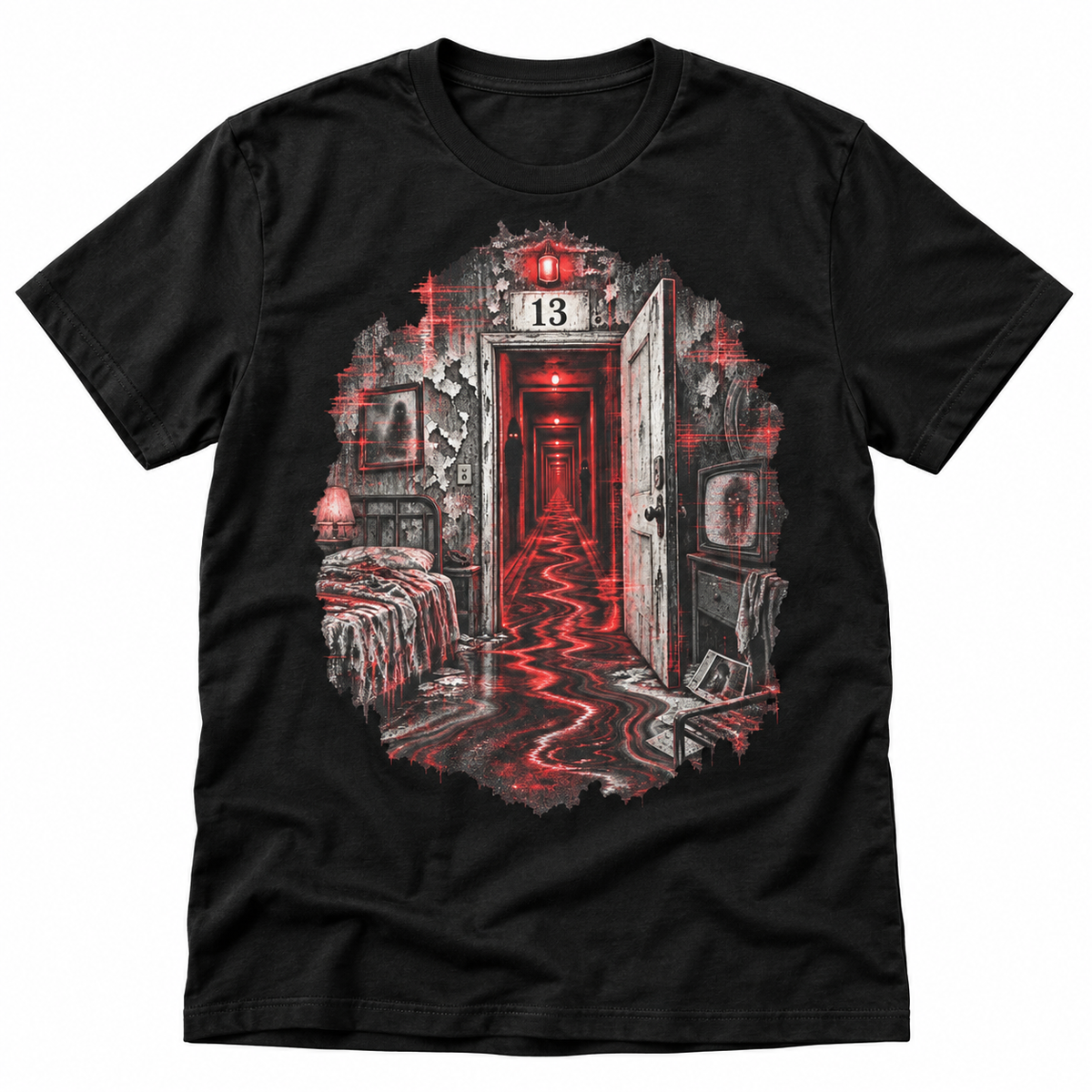Room 13 black graphic T-shirt with distressed red analogue horror artwork – Astral Drift