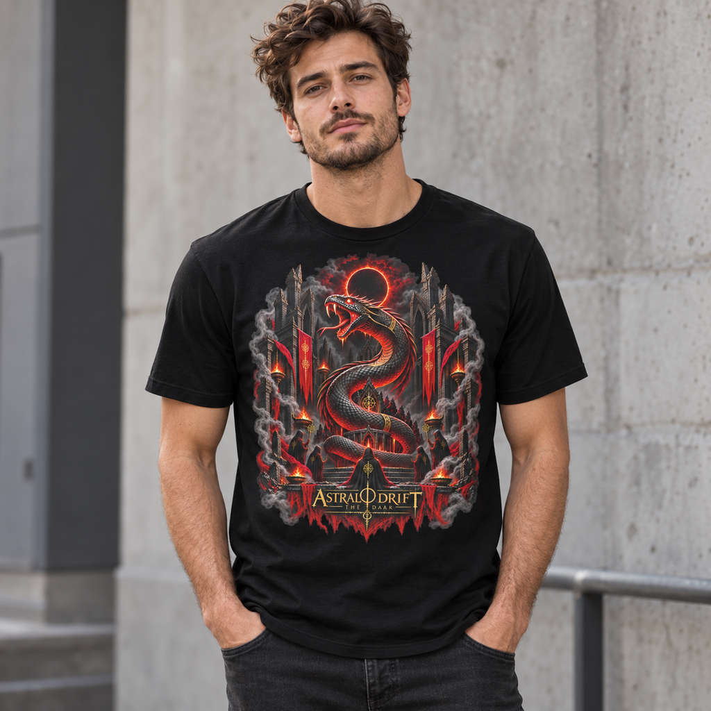 Alternate model wearing the Serpent Ritual graphic T-shirt on a black tee