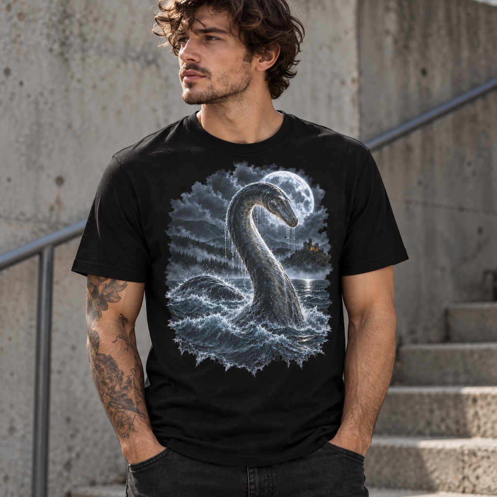 Model wearing the Loch Ness Monster graphic T-shirt on a black tee