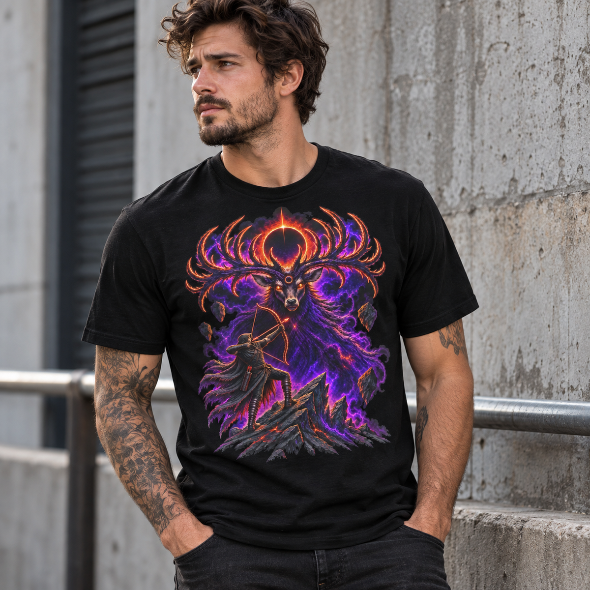 Alternate model wearing the Eclipse Hunter graphic T-shirt on a black tee