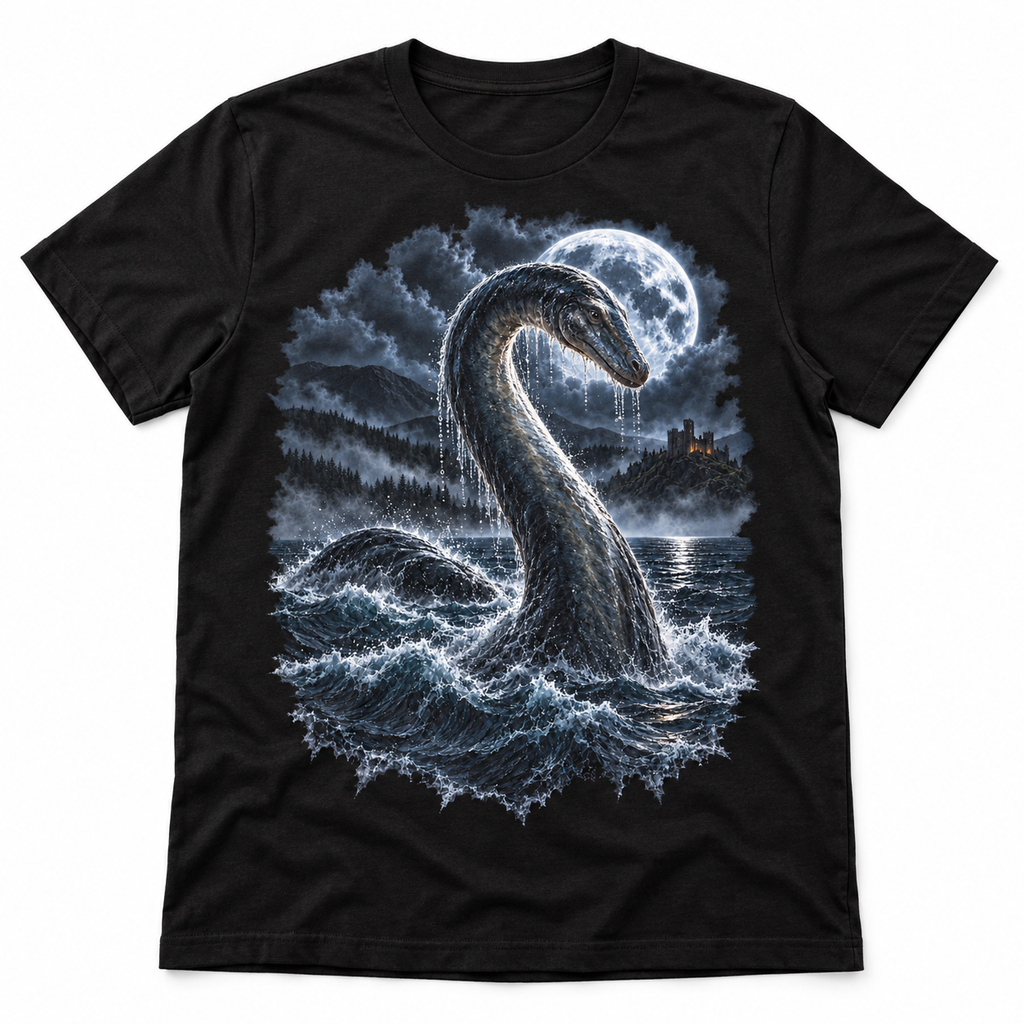 Loch Ness Monster graphic T-shirt flat mockup on a black tee