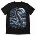 Loch Ness Monster graphic T-shirt flat mockup on a black tee