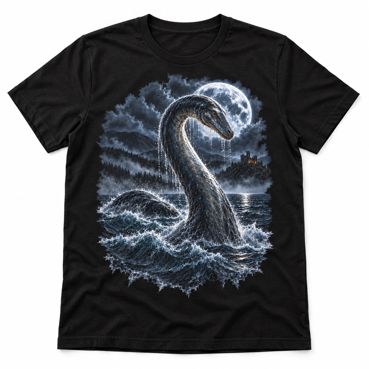 Loch Ness Monster graphic T-shirt flat mockup on a black tee