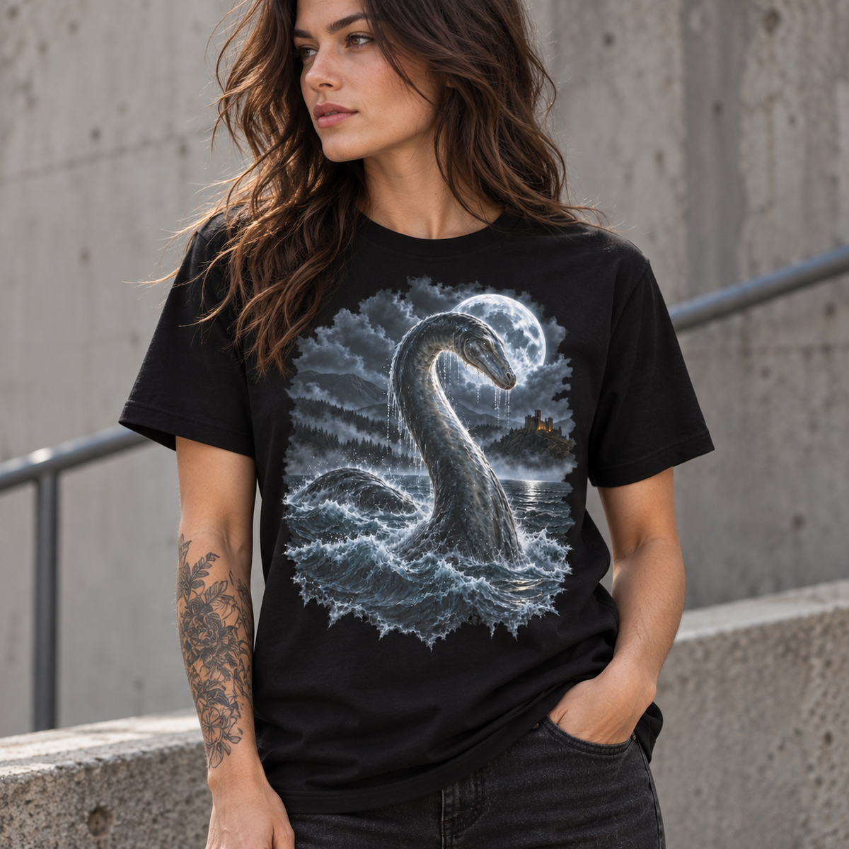 Alternate model wearing the Loch Ness Monster graphic T-shirt on a black tee