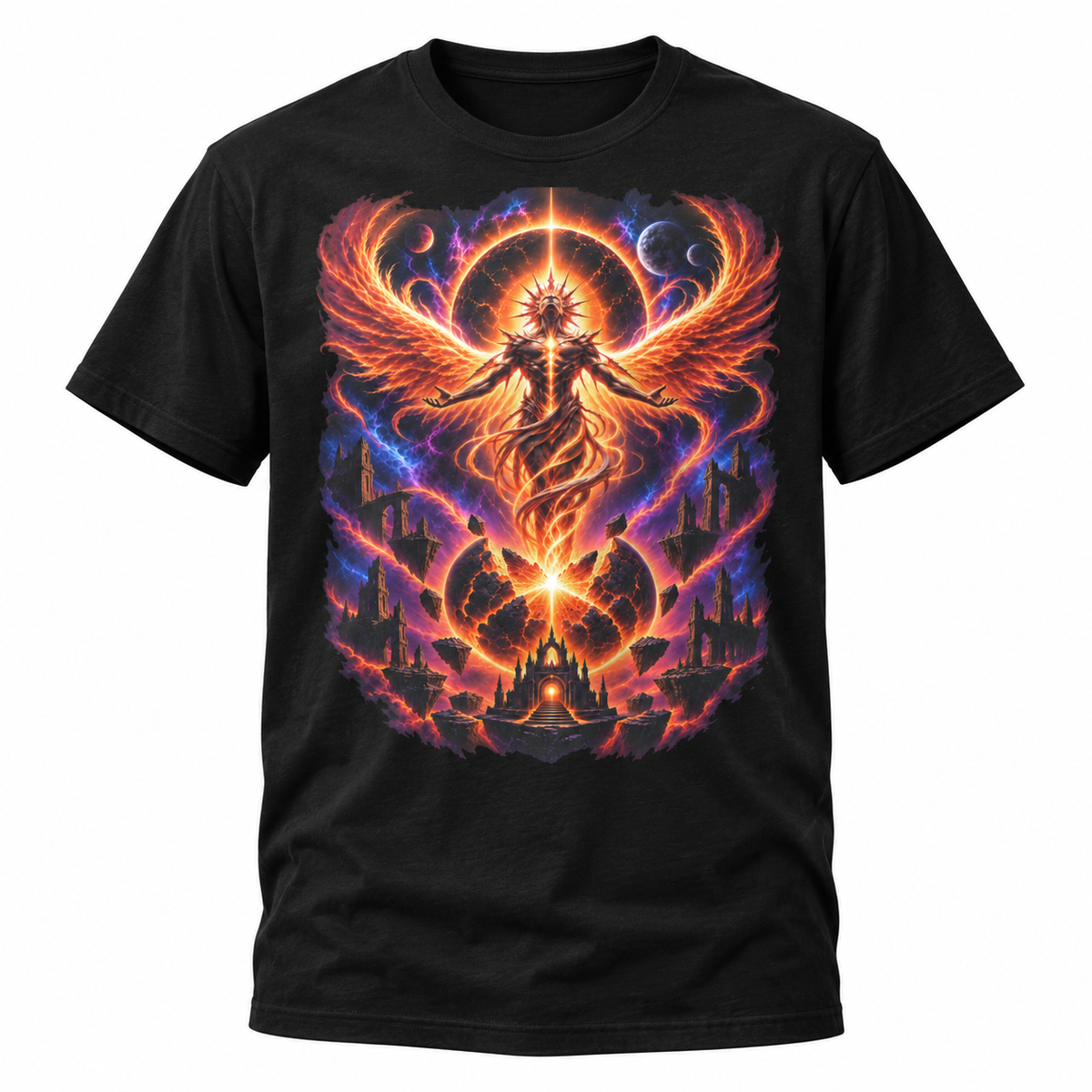 Solar Rebirth black cosmic fantasy graphic T-shirt with fractured sun and celestial figure – Astral Drift