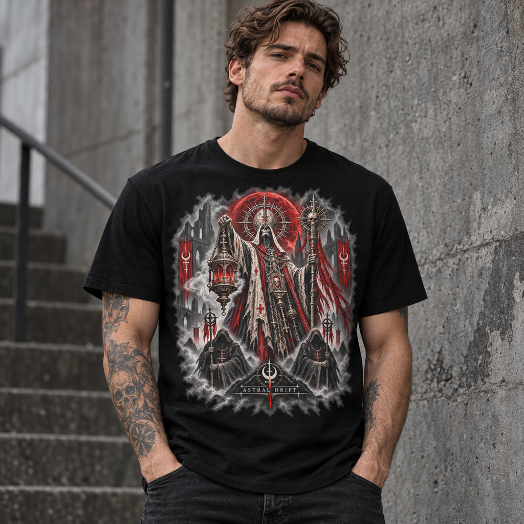 Alternate model wearing the Dark Procession graphic T-shirt on a black tee