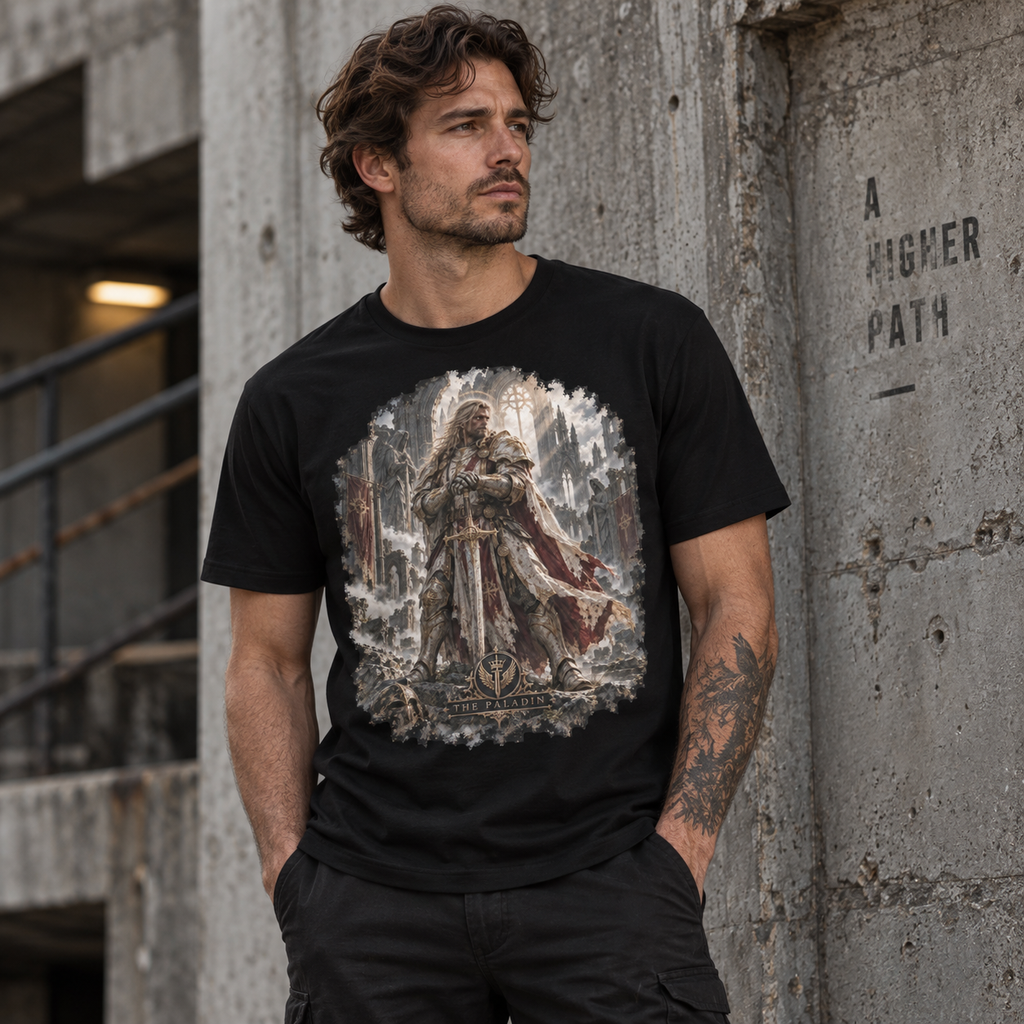 The Paladin Gloamforged black graphic T-shirt model mockup – Astral Drift