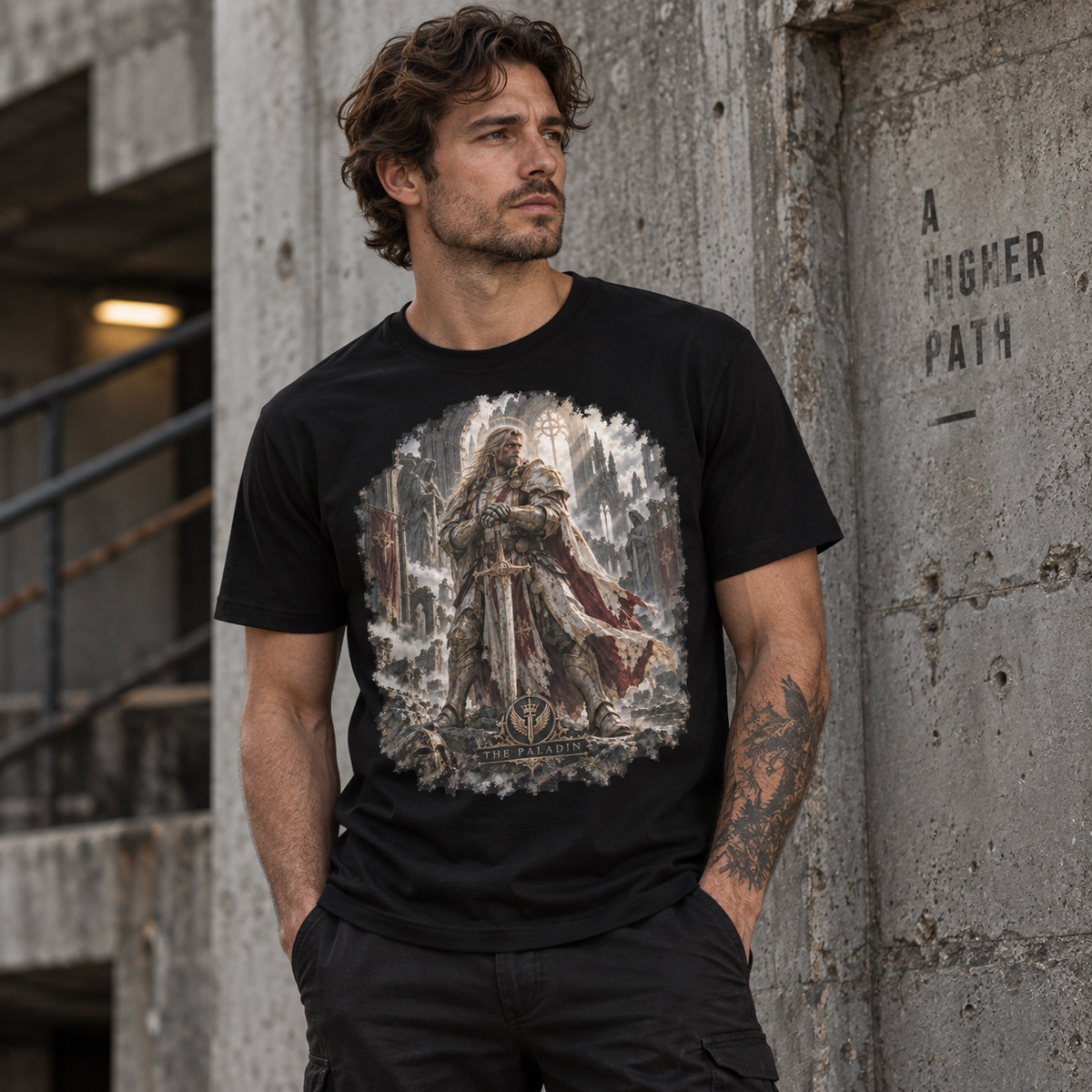 The Paladin Gloamforged black graphic T-shirt model mockup – Astral Drift