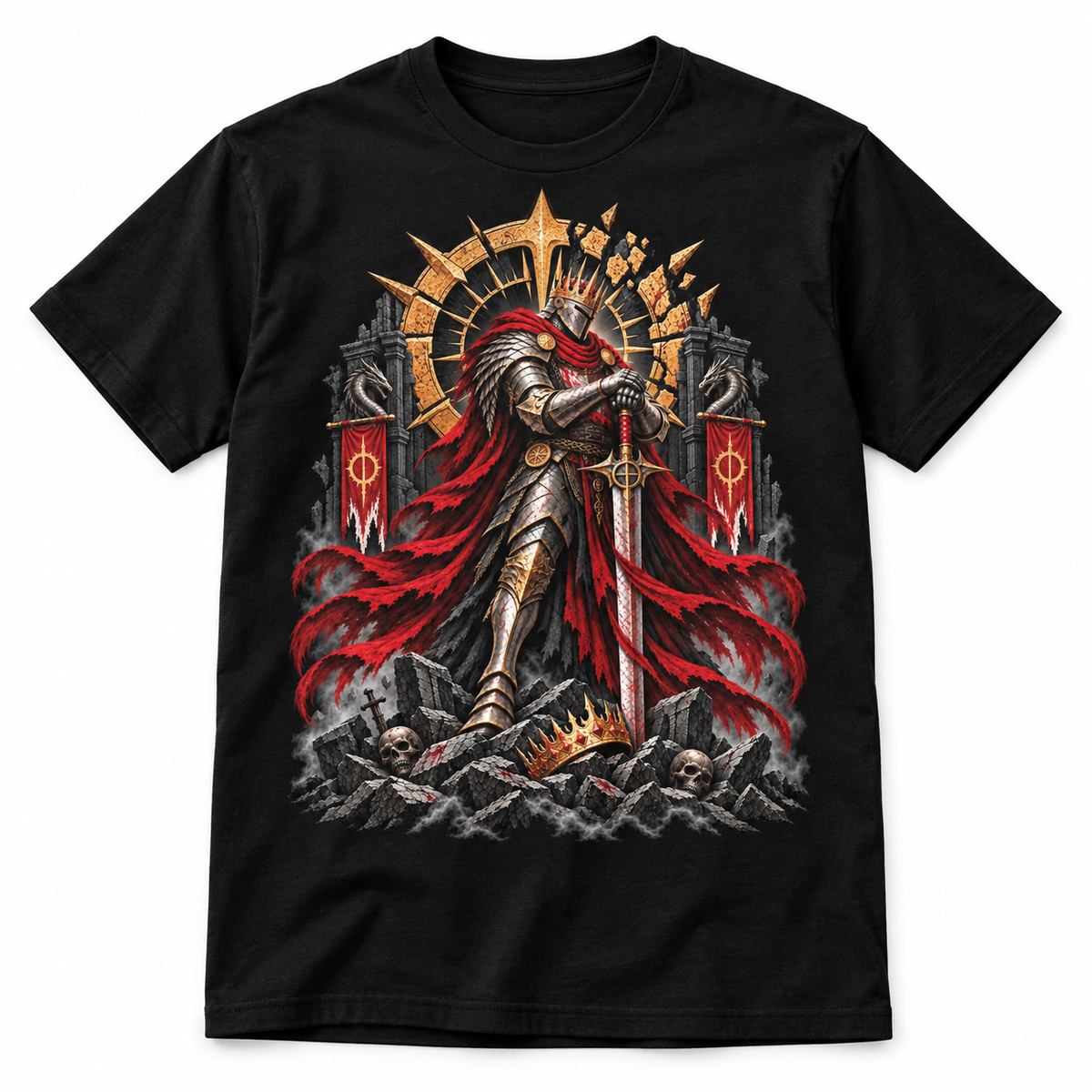 Last Vanguard black dark fantasy graphic T-shirt with crowned knight and shattered halo – Astral Drift