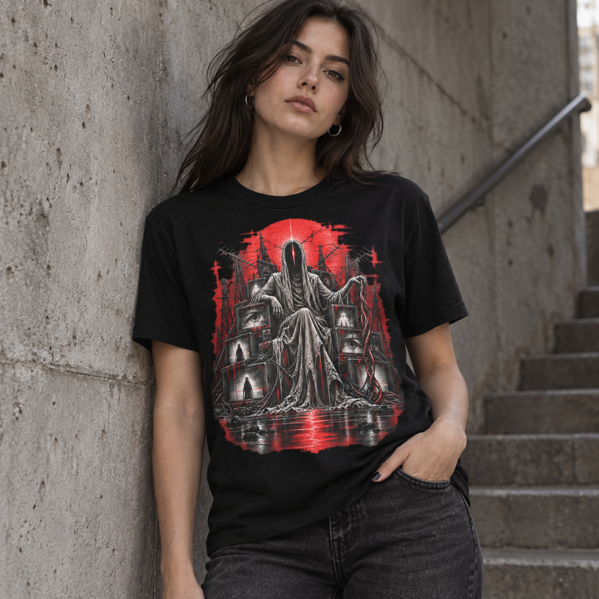 Signal Wraith Astral Drift t-shirt with red and black analogue-horror artwork