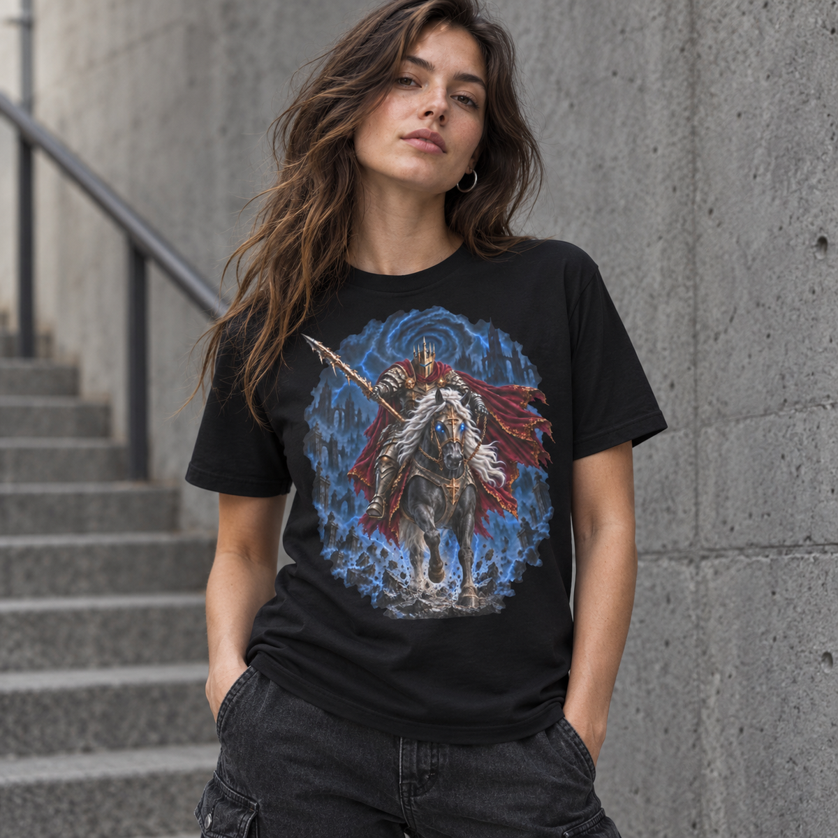 Black Stormwraith Cavalier T-shirt model mockup showing mounted knight, raised lance and storm-torn battlefield