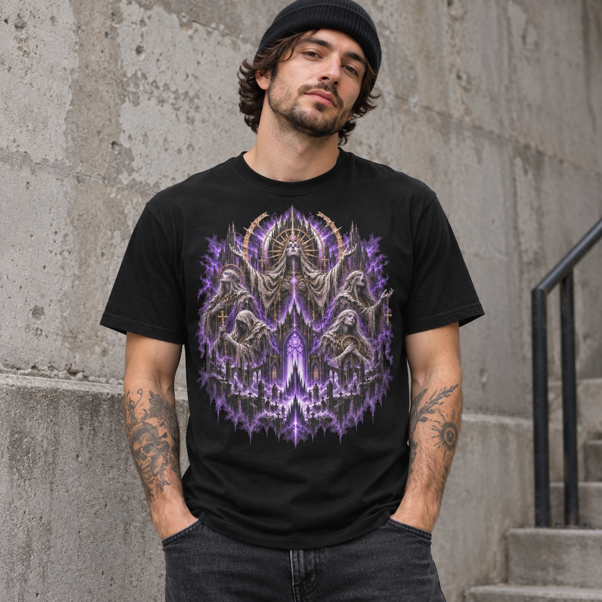Model wearing The Abyssal Choir black gothic fantasy graphic T-shirt by Astral Drift