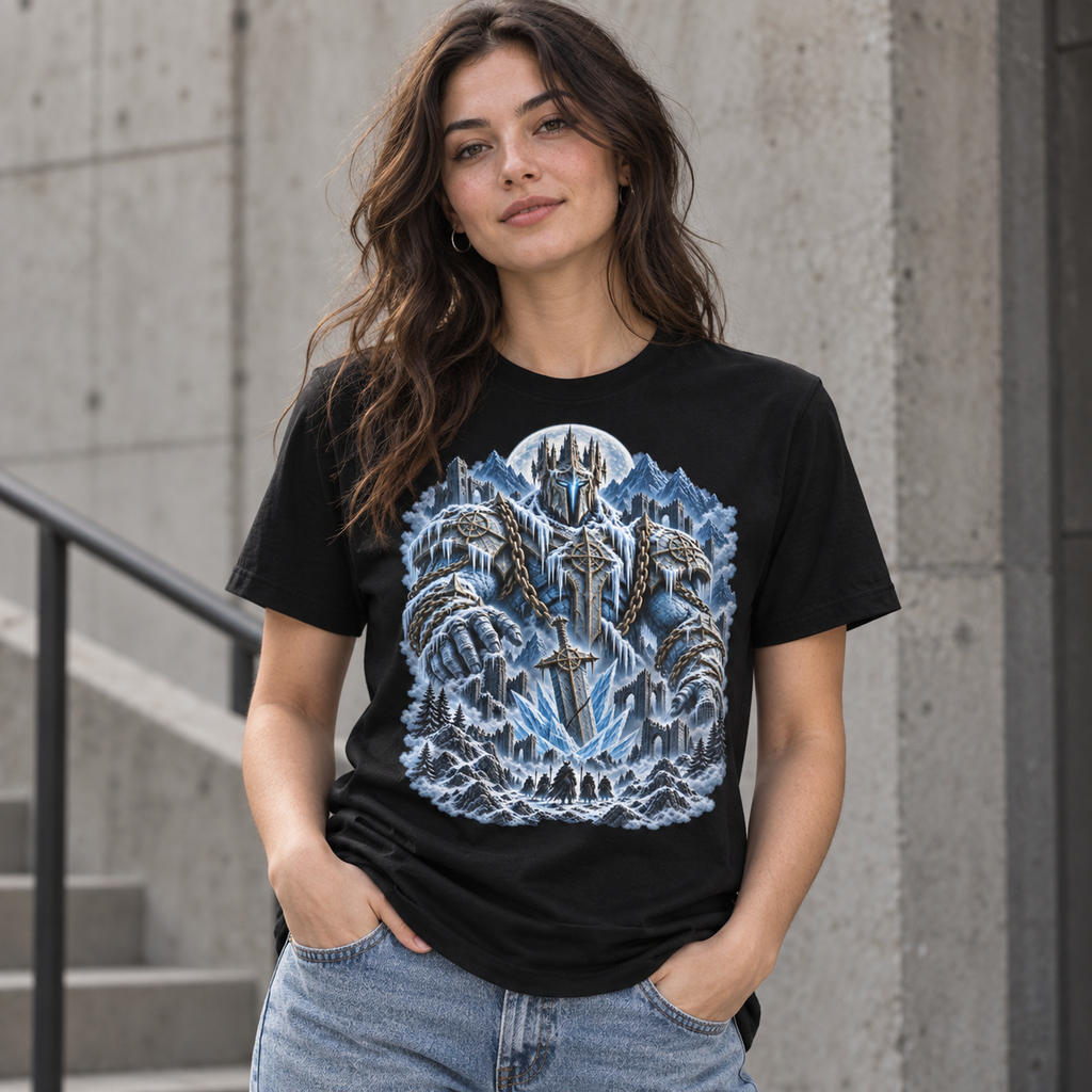 Alternate model wearing the Frost Titan graphic T-shirt on a black tee