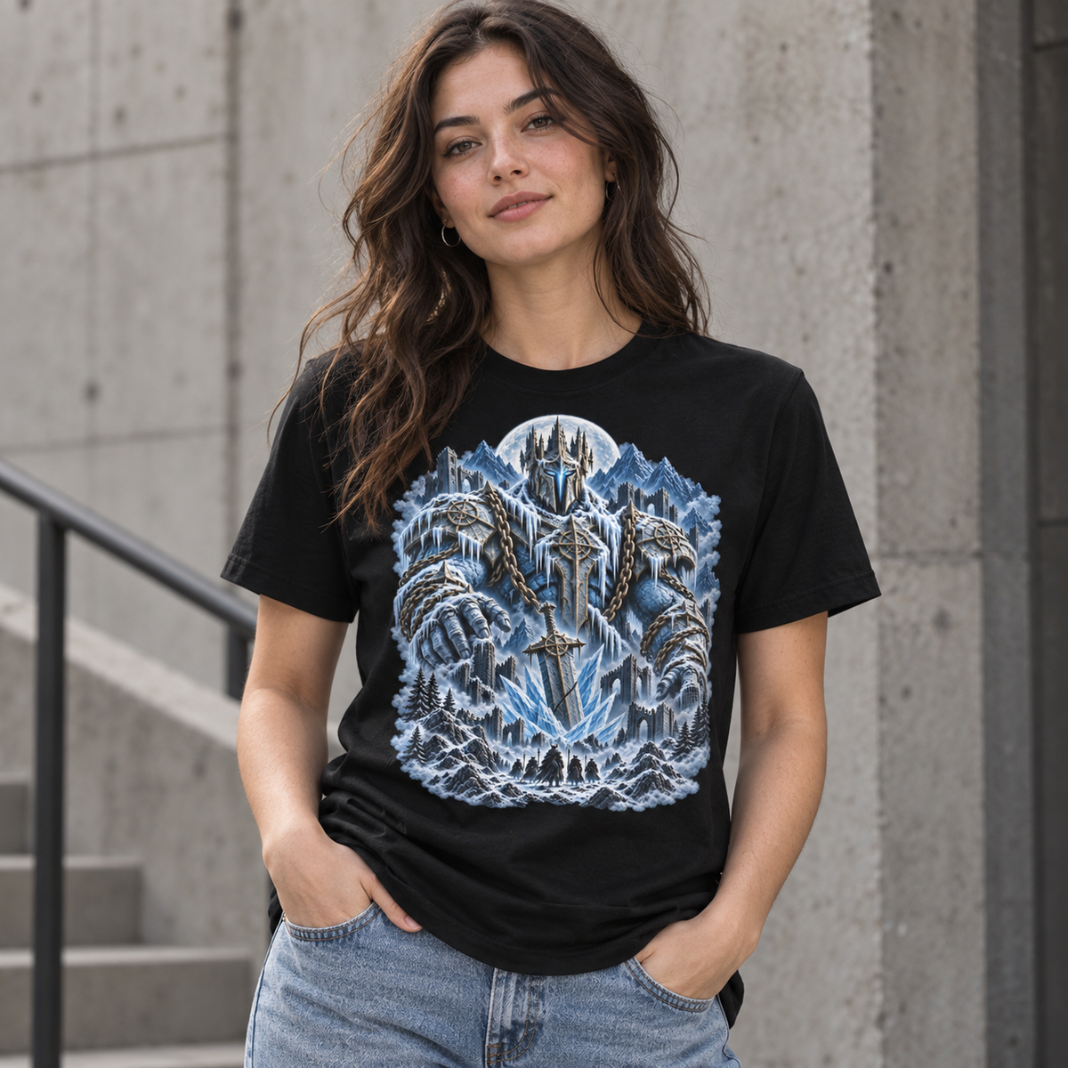 Alternate model wearing the Frost Titan graphic T-shirt on a black tee