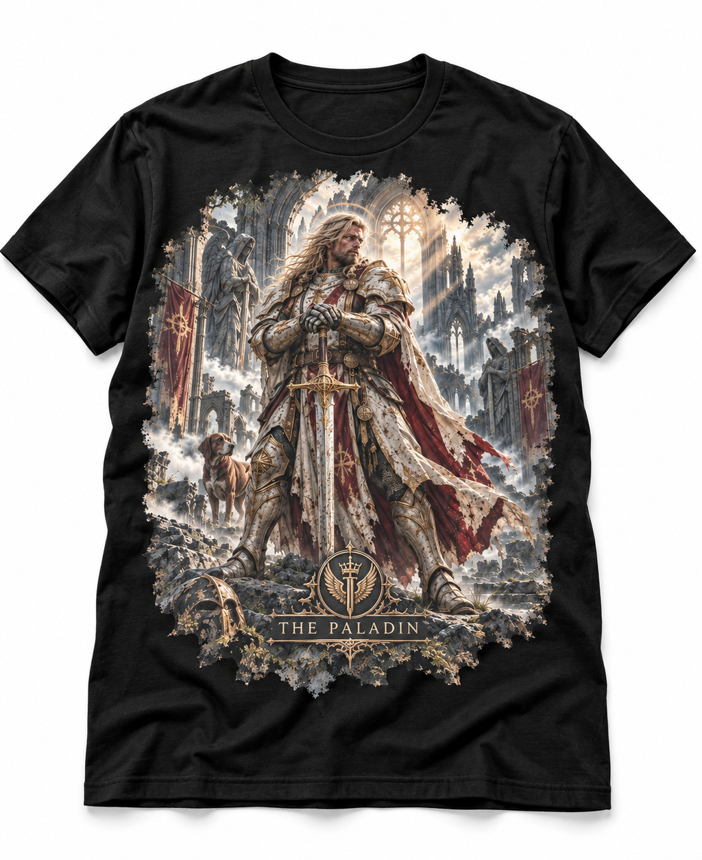 The Paladin black Gloamforged dark fantasy graphic T-shirt front artwork – Astral Drift