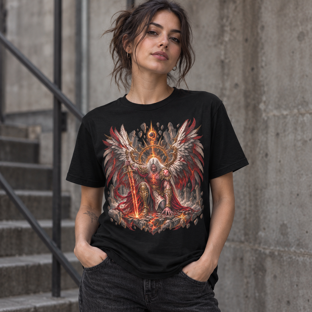 The Fallen black graphic T-shirt lifestyle mockup with celestial warrior and broken halo artwork