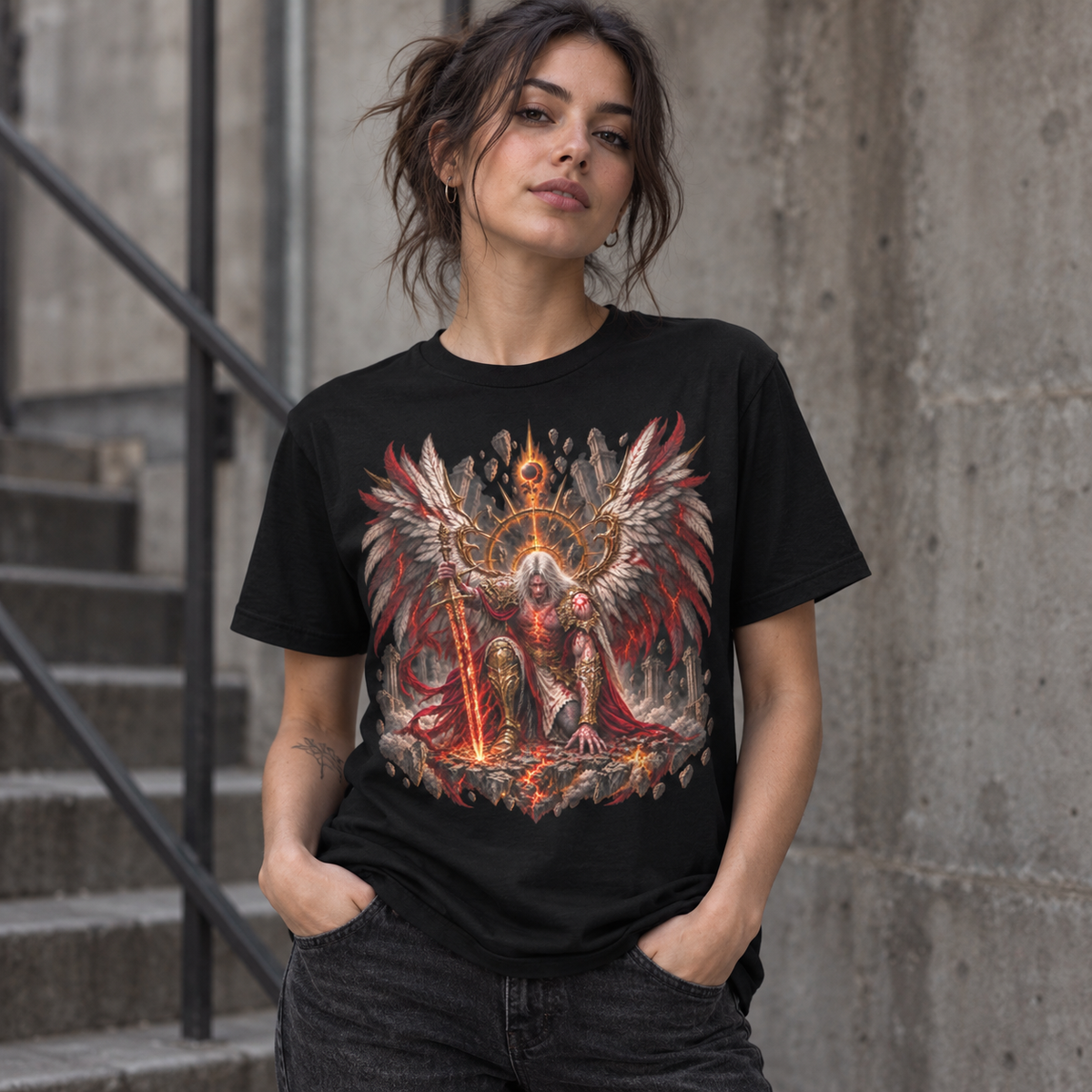 The Fallen black graphic T-shirt lifestyle mockup with celestial warrior and broken halo artwork