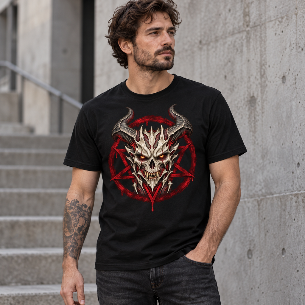 Male model wearing the Infernal Seal black demon graphic T-shirt beside concrete steps.