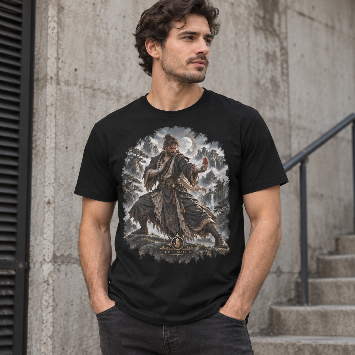 The Monk Gloamforged black graphic T-shirt model mockup – Astral Drift