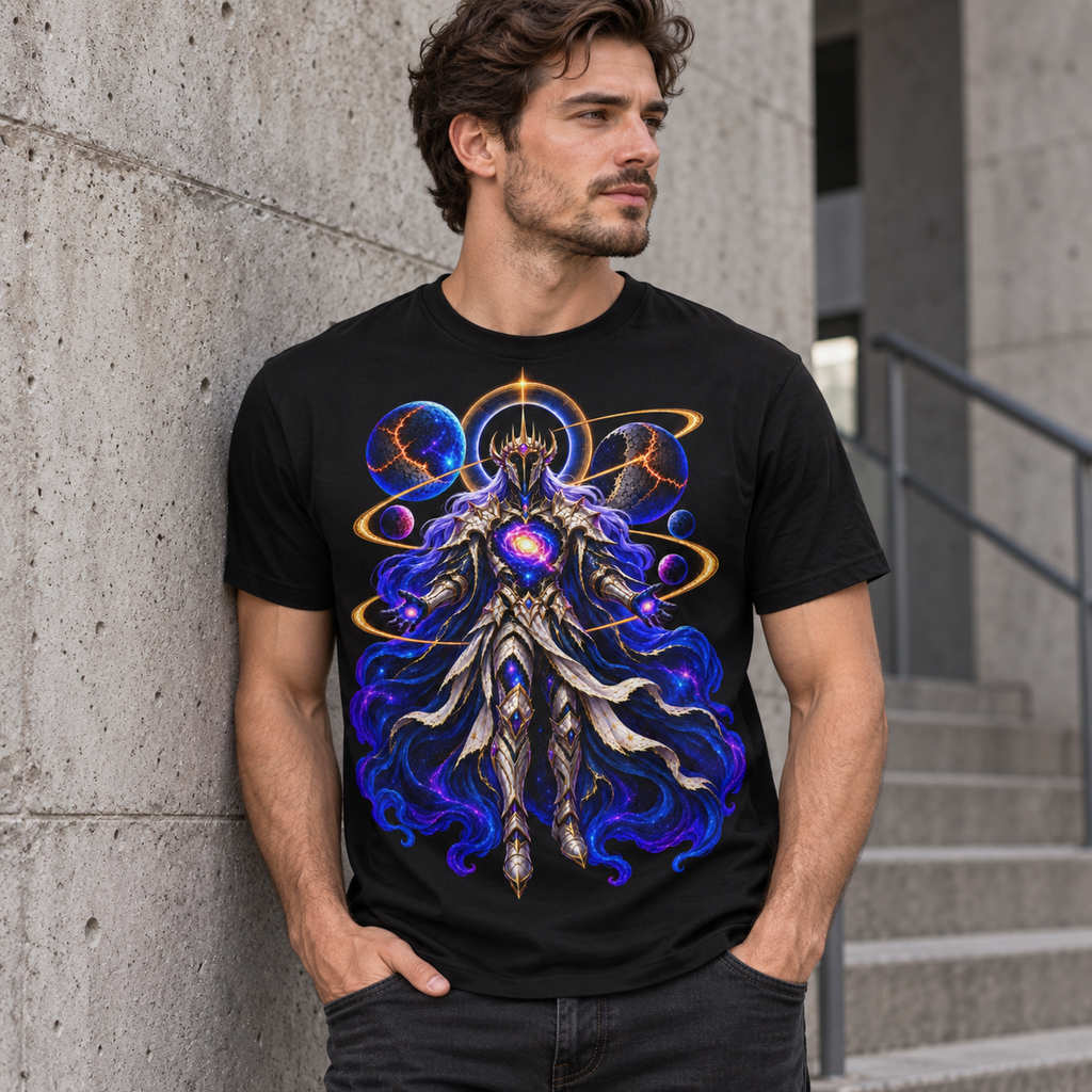 Model wearing the black Celestial Void Knight cosmic graphic T-shirt by Astral Drift