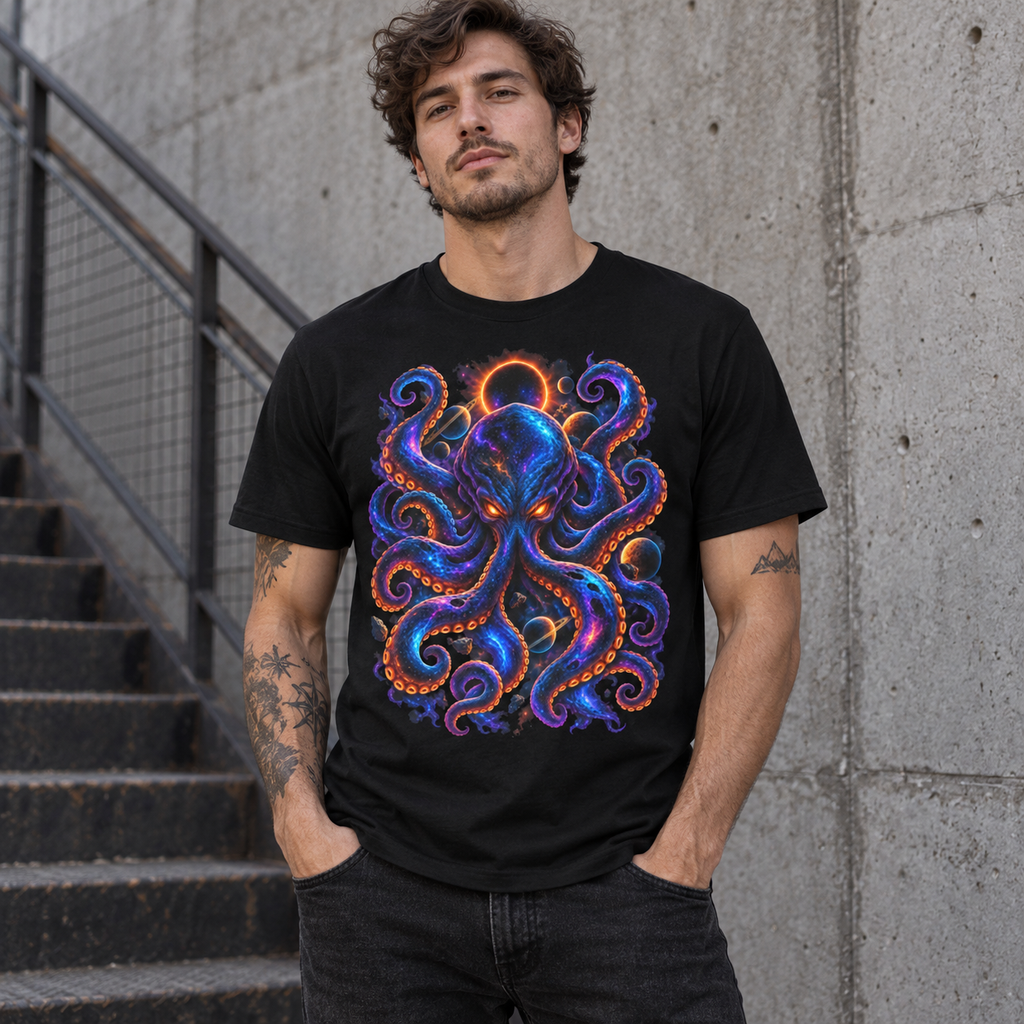 Model wearing Cosmic Kraken black graphic T-shirt with celestial octopus front print