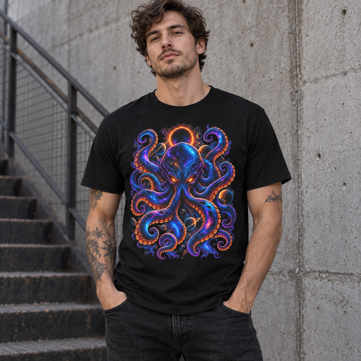 Model wearing Cosmic Kraken black graphic T-shirt with celestial octopus front print