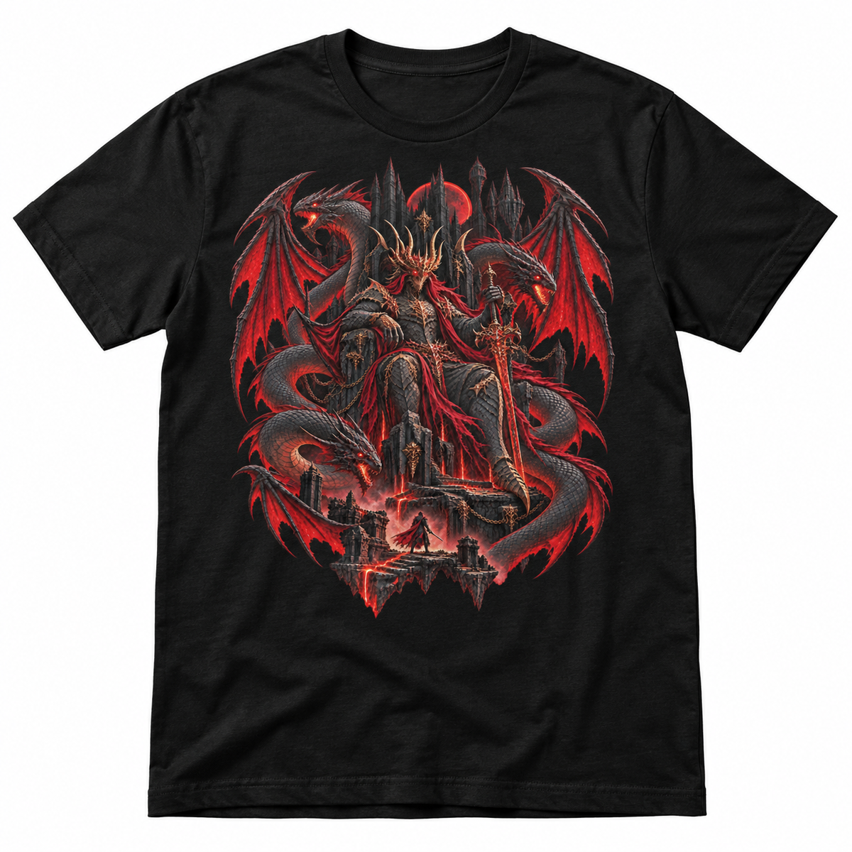The Wyrm King red dragon fantasy graphic T-shirt – flat black tee mockup
