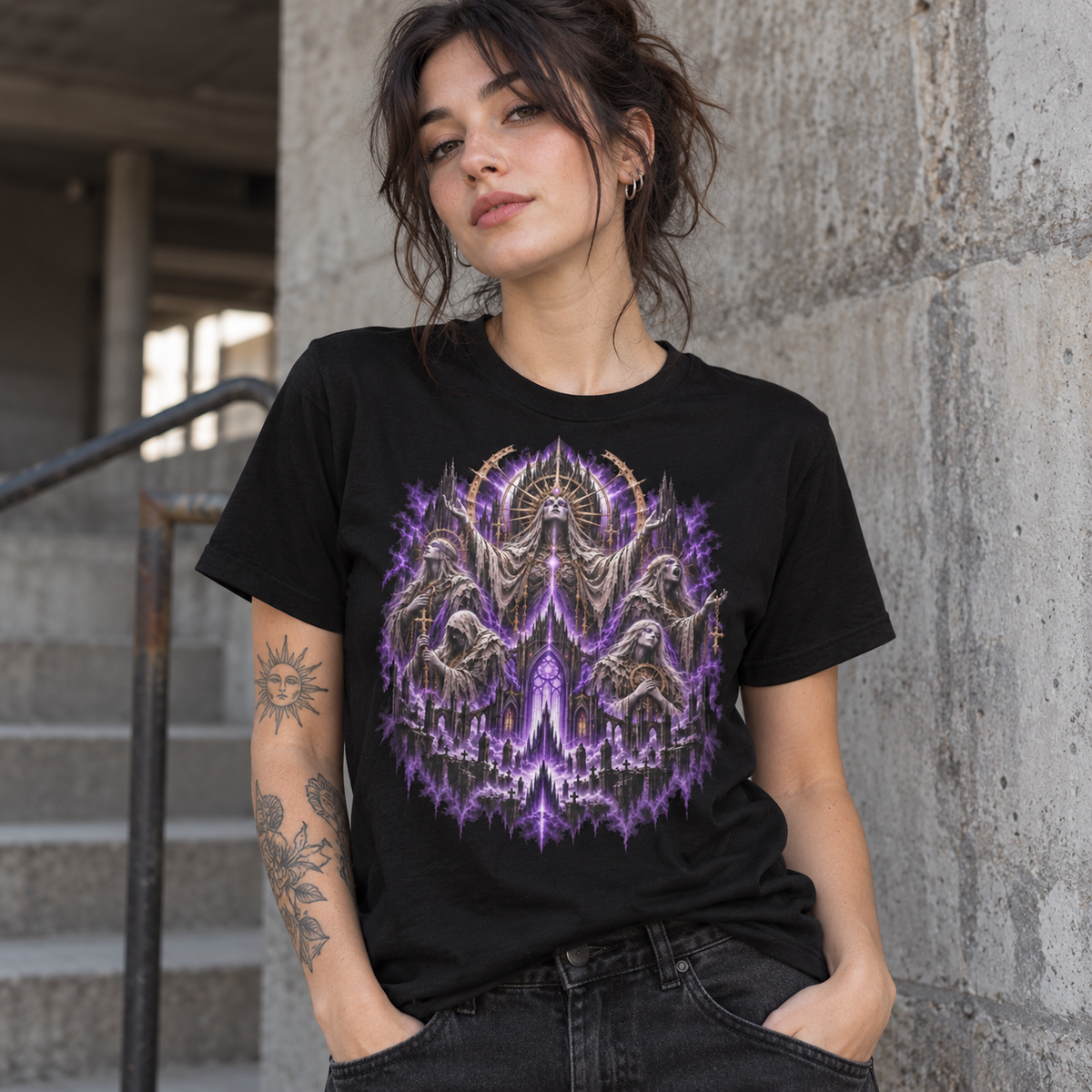 The Abyssal Choir black graphic T-shirt lifestyle mockup – alternate view by Astral Drift