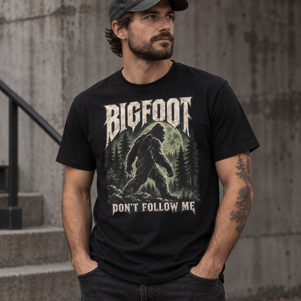 Bigfoot Don't Follow Me black cryptid graphic T-shirt worn by model – Astral Drift