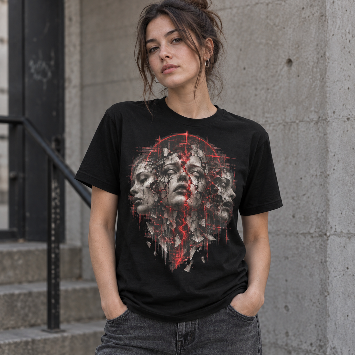 Astral Drift Fractured Mind black graphic tee with distressed red, black and white psychological horror artwork