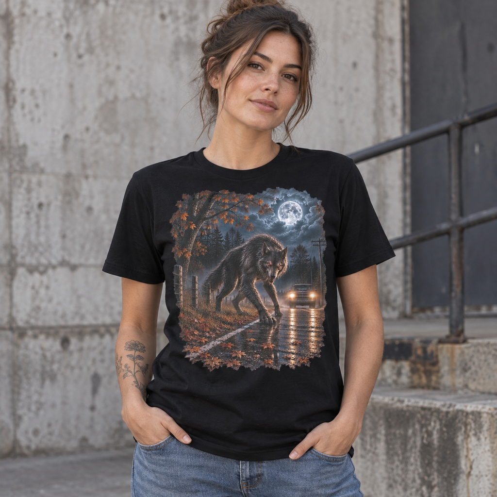 Female model wearing the Beast of Bray Road black T-shirt with werewolf road artwork