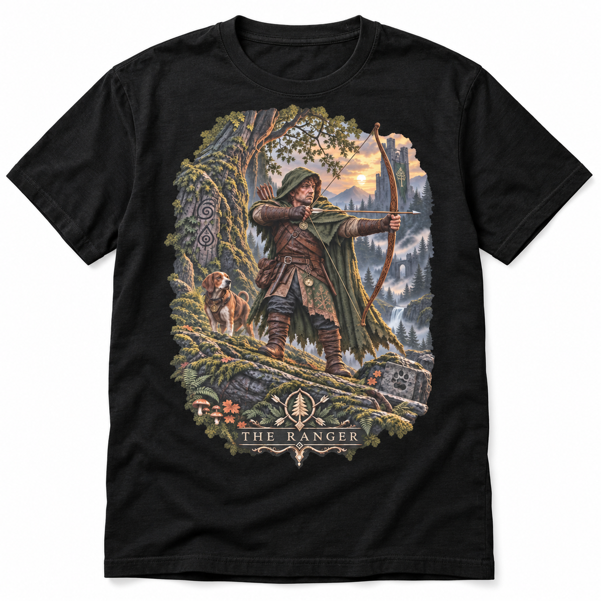 The Ranger fantasy T-shirt by Astral Drift, featuring a halfling archer with a hound in a misty mountain forest.
