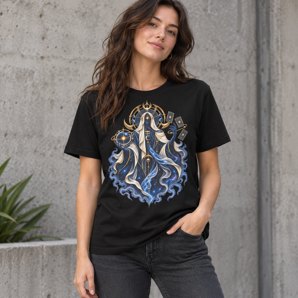 Lifestyle view of the Astral Oracle celestial seer graphic T-shirt in black